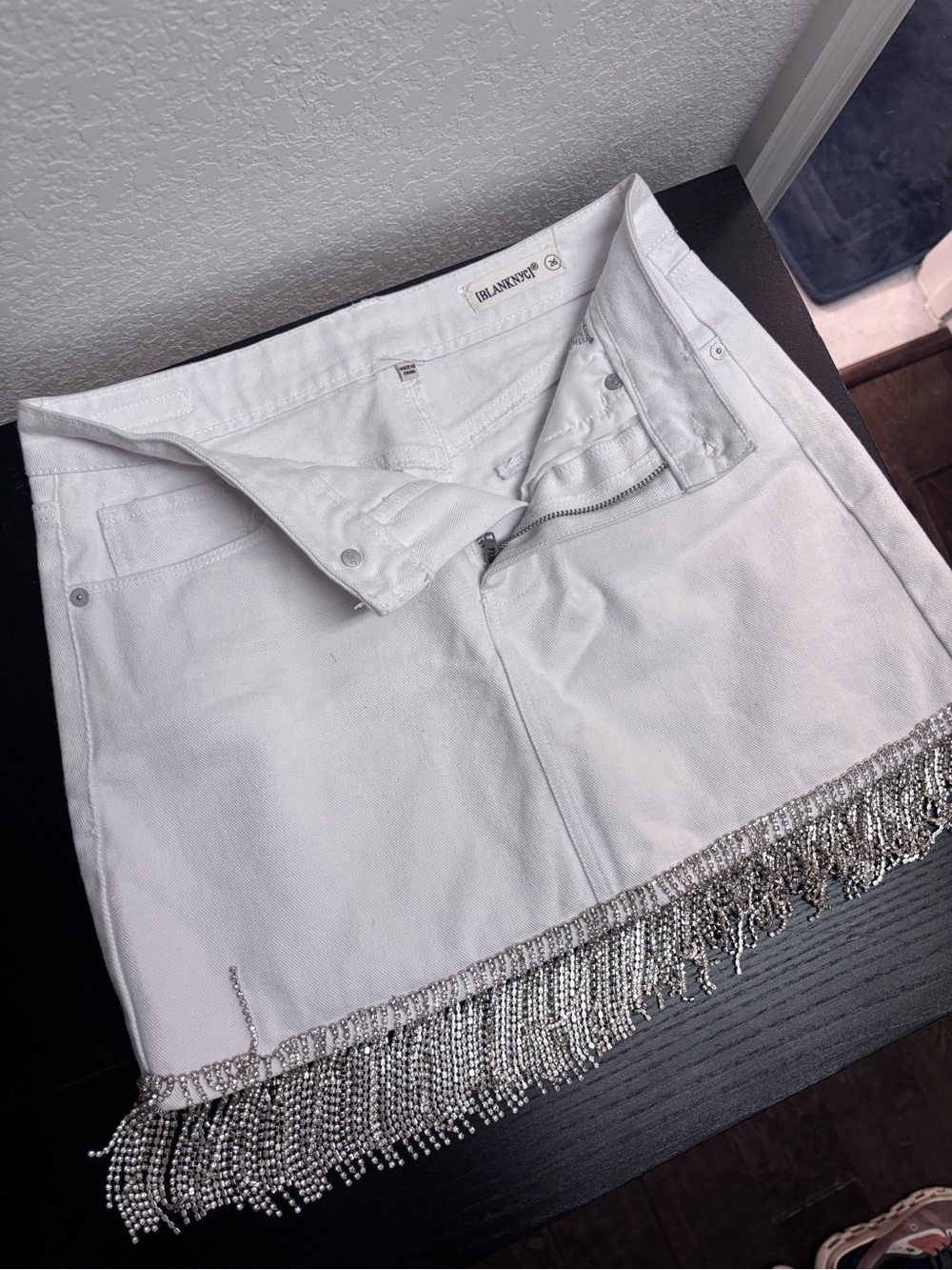 BLANK NYC White Denim Fringe Rhinestone Mini Skirt